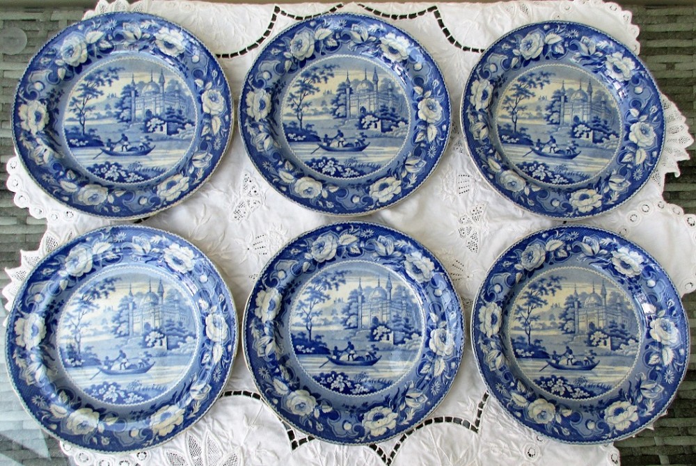 Set of Six Antique English Georgian Davenport Blue and White Transfer 