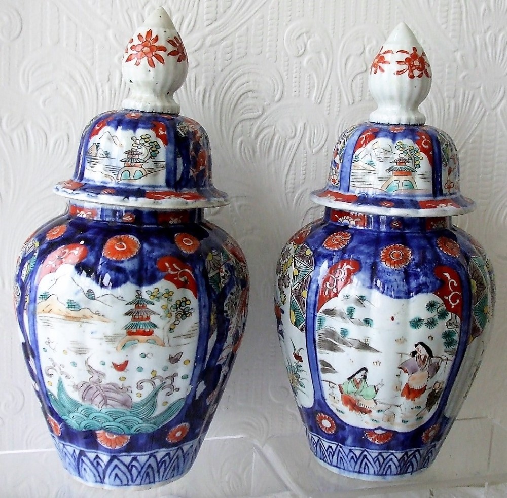 Pair of Antique Japanese Meiji Period Imari Vases and Covers