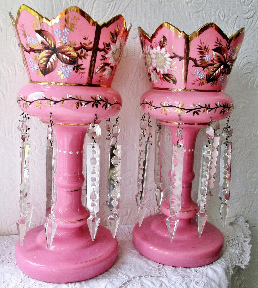 Pair of Antique English Victorian Pink Glass Lustres