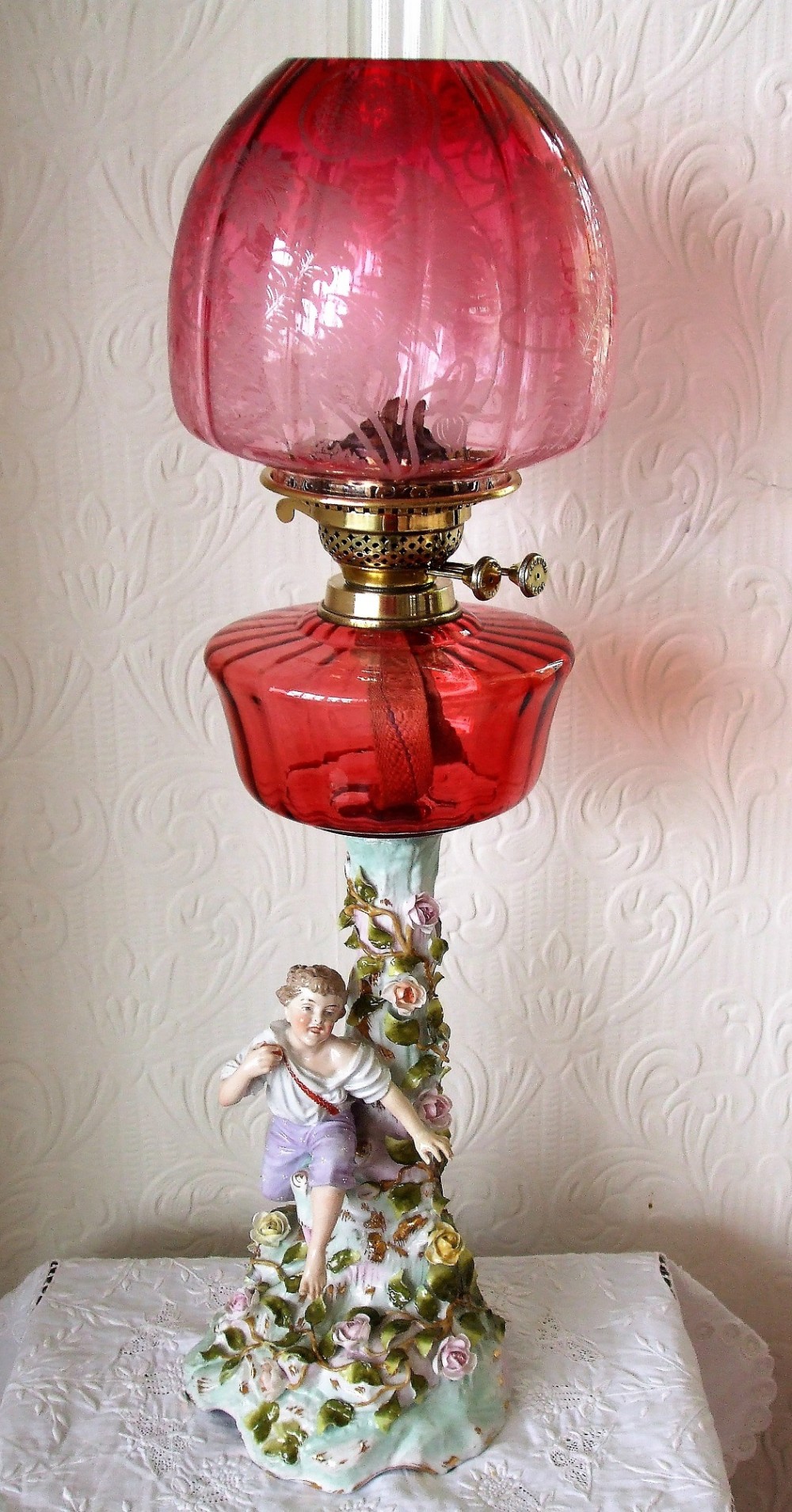 Antique German Victorian Porcelain and Cranberry Glass Oil Lamp
