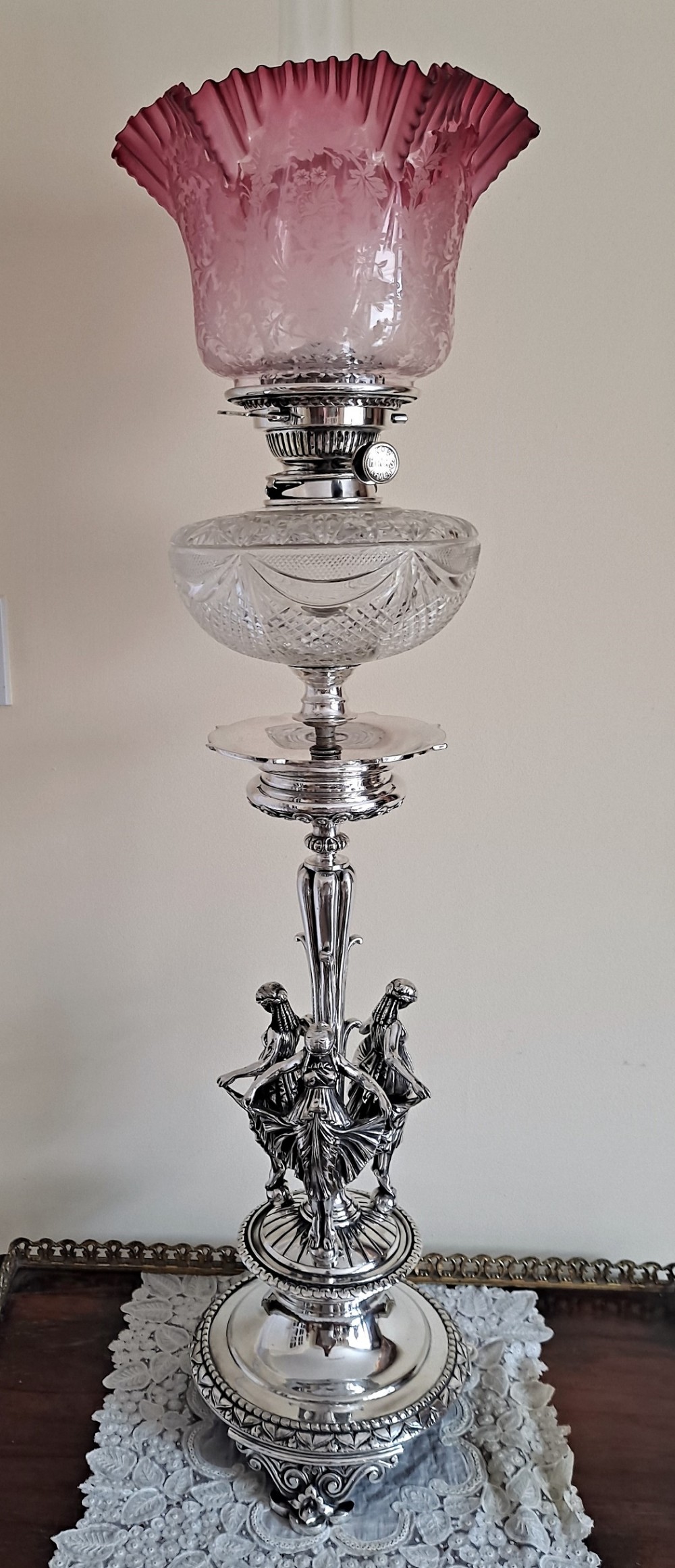 Antique English Victorian Silver Plated Oil Lamp