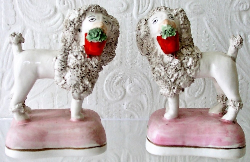 A pair of Victorian Staffordshire pottery miniature poodles featuring textured coats and red baskets in their mouths, standing on rectangular pink bases.