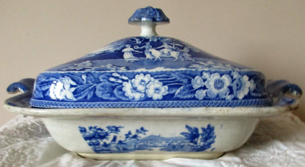 A square antique blue and white transferware vegetable tureen and cover decorated with a classical Europa pattern landscape scene. View II