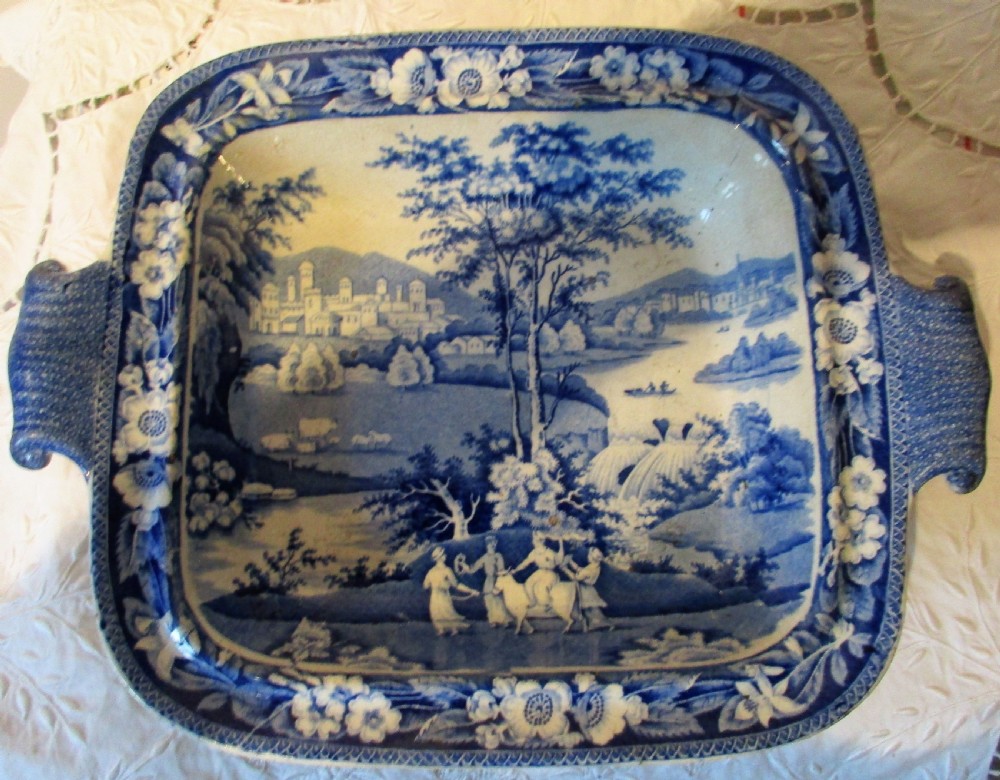 A square antique blue and white transferware vegetable tureen and cover decorated with a classical Europa pattern landscape scene. View III