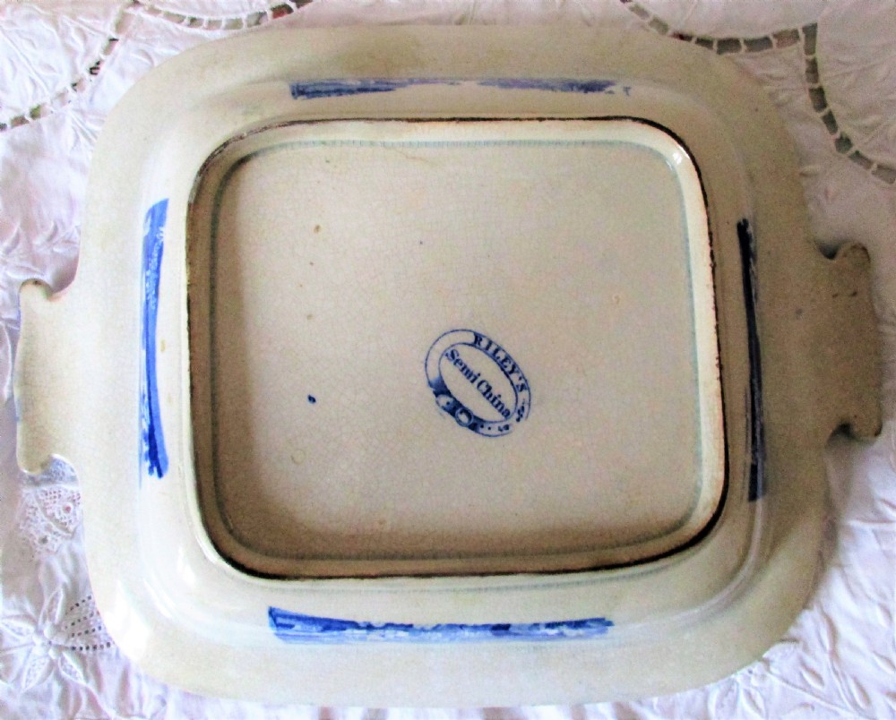 A square antique blue and white transferware vegetable tureen and cover decorated with a classical Europa pattern landscape scene. View IV