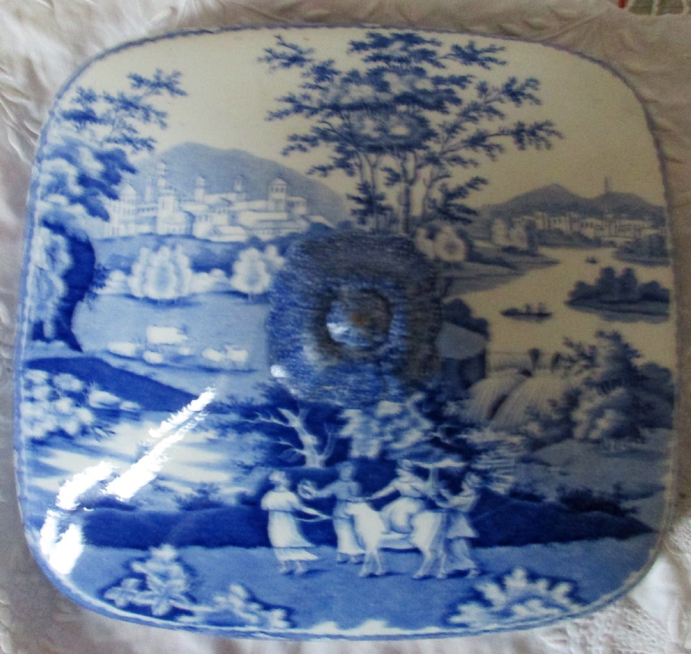 A square antique blue and white transferware vegetable tureen and cover decorated with a classical Europa pattern landscape scene. View V