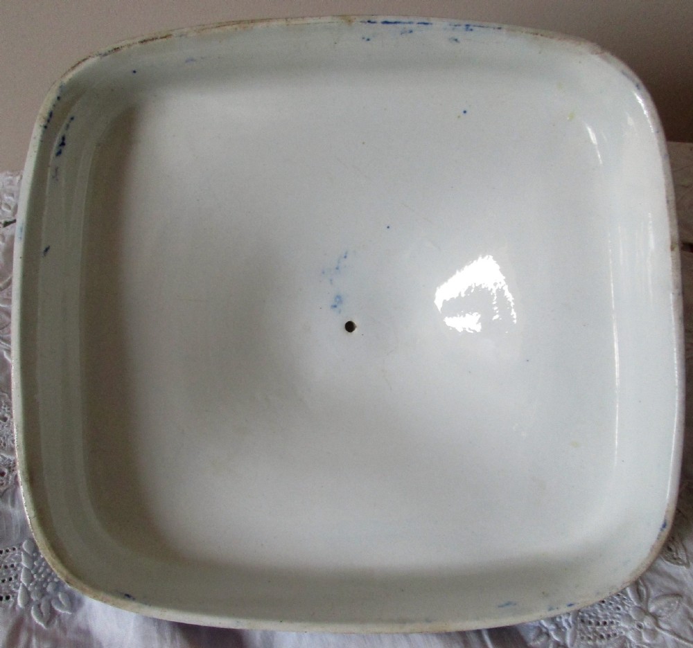 A square antique blue and white transferware vegetable tureen and cover decorated with a classical Europa pattern landscape scene. View VI