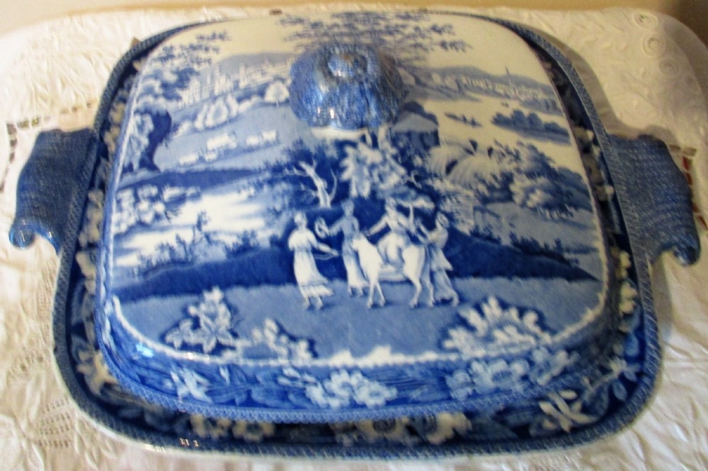 A square antique blue and white transferware vegetable tureen and cover decorated with a classical Europa pattern landscape scene. View VII