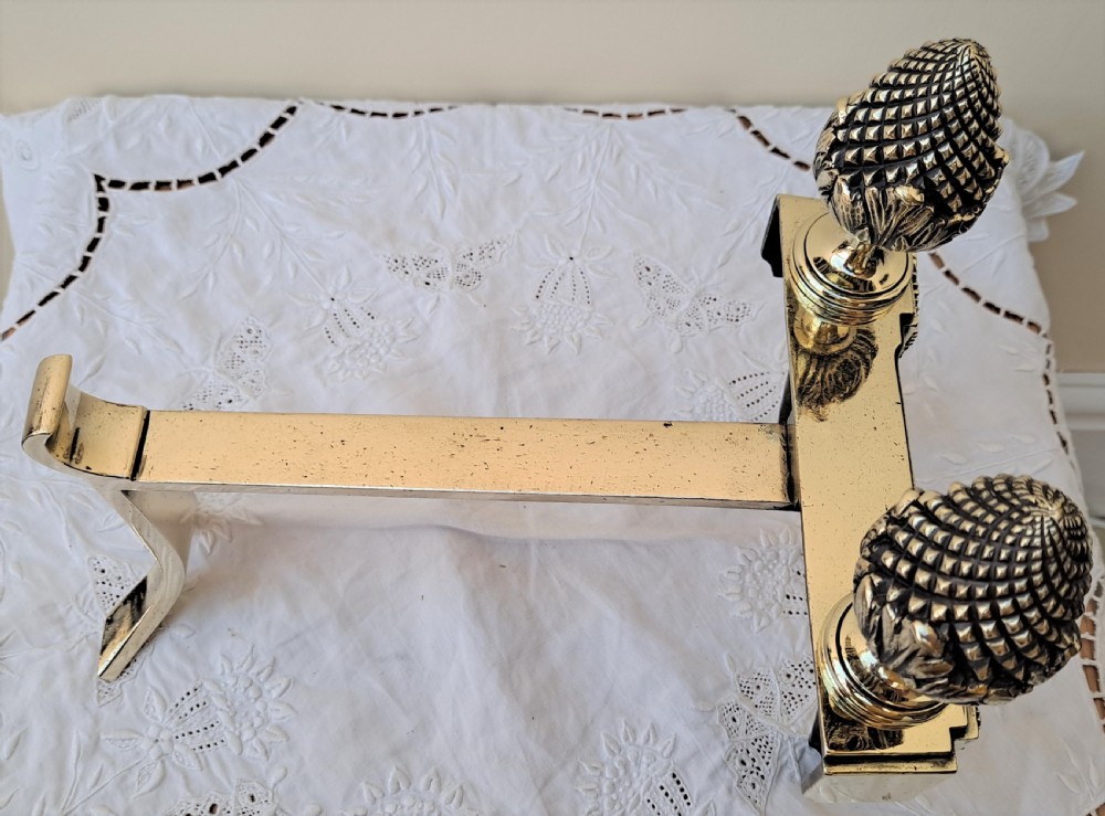 A pair of polished Georgian brass andirons with pineapple finials, rosette panels, and fluted legs. View III