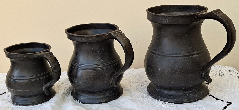 Set of 3 Antique English Georgian Pewter Baluster Measures ~ James Yates