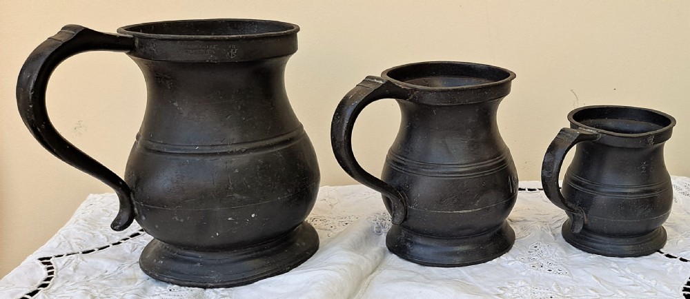 Set of 3 Antique English Georgian Pewter Baluster Measures ~ James Yates View XXIII
