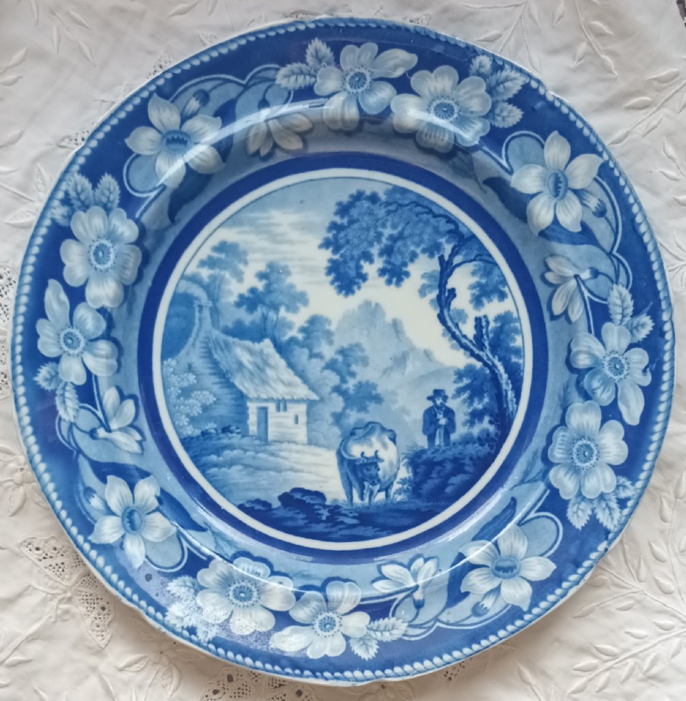 Antique English Georgian Blue and White Transfer Pottery Plate 