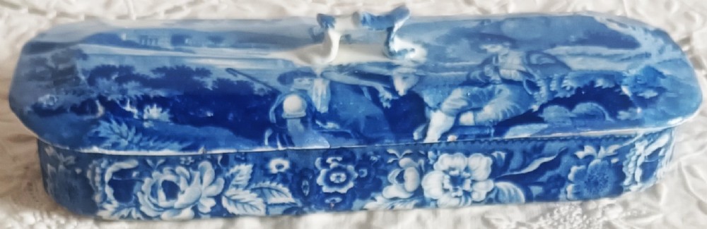 Antique English Georgian Blue and White Transfer Ware Toothbrush Box