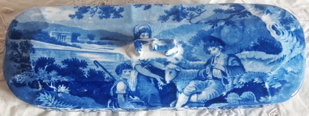 Antique English Georgian Blue and White Transfer Ware Toothbrush Box View II