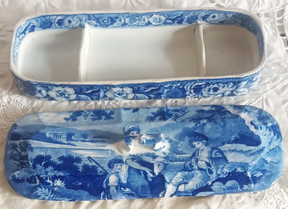 Antique English Georgian Blue and White Transfer Ware Toothbrush Box View IV