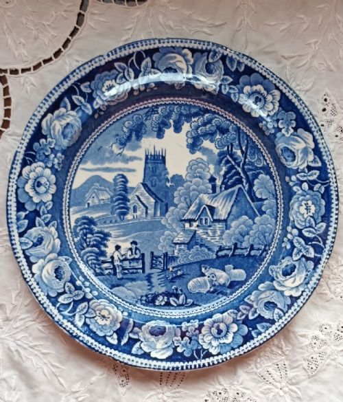 Antique English Georgian Blue and White "Village Church" Plate