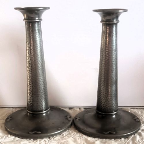 Pair of Antique "Arts and Crafts" Pewter Candlesticks