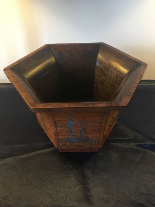 C1900 Oriental Hardwood Hexagonal Planter with Inlaid Scenes