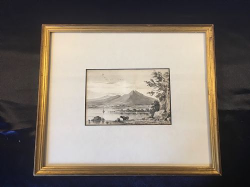 Mid  19thc  Watercolour of a Lake Scene with Cattle C1850