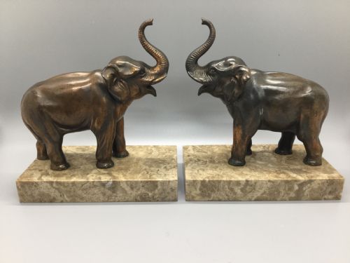 Art Deco French Spelter Elephant Bookends on Marble Bases C1930
