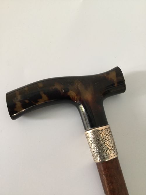 Edwardian Silver, Tortoiseshell and Partridge Wood Stick Cane London 1909 by Sangster