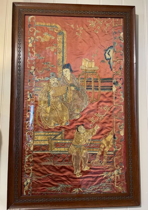 19thc Oriental Silk Embroidered Panel C1880