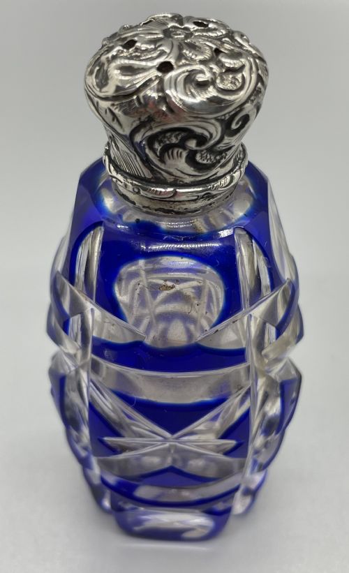 Late Victorian Silver and Bristol Blue Overlay Scent Bottle C1880