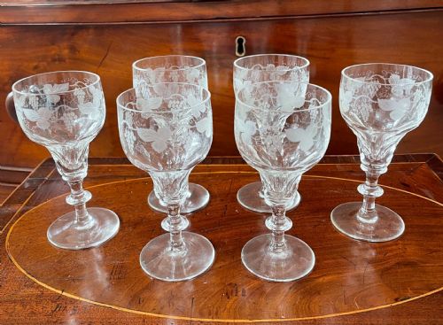 Set 6 Edwardian Engraved and Cut Port Wine Glasses C1900