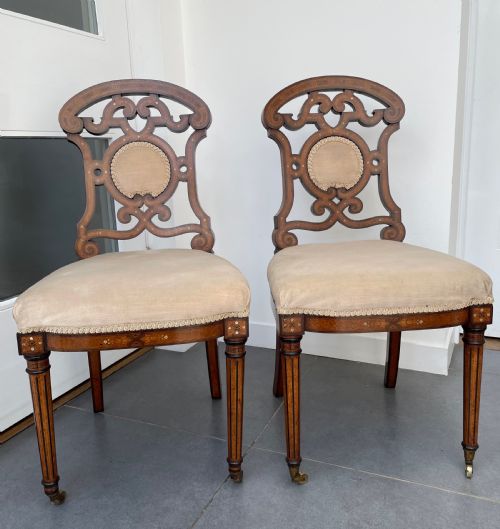 Pair Victorian Aesthetic Movement Walnut and Burr Maple Salon Chairs C1870