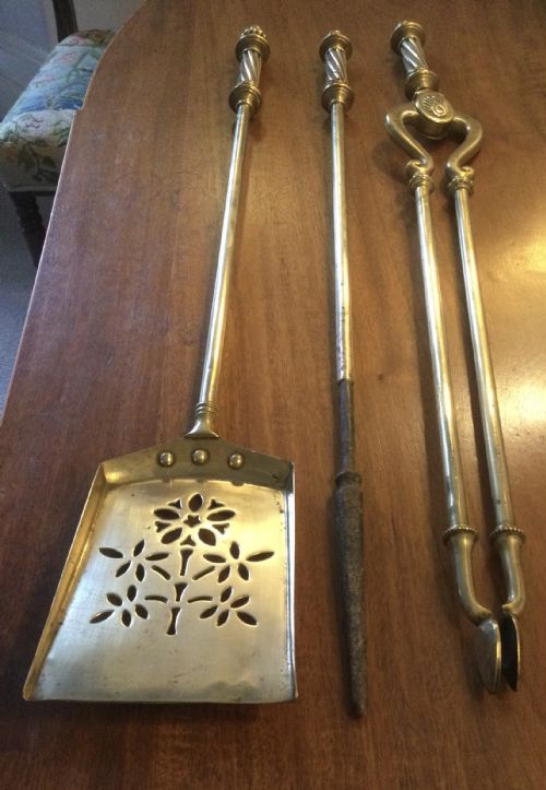 Set of Early Victorian Brass Fire Irons Tools C1850