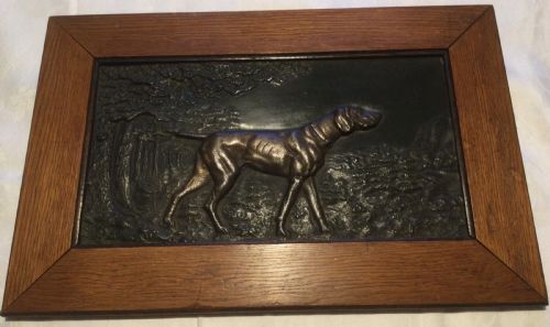 Late 19thc Oak Framed Bronze Plaque of a Pointer or Hunting Dog C1880
