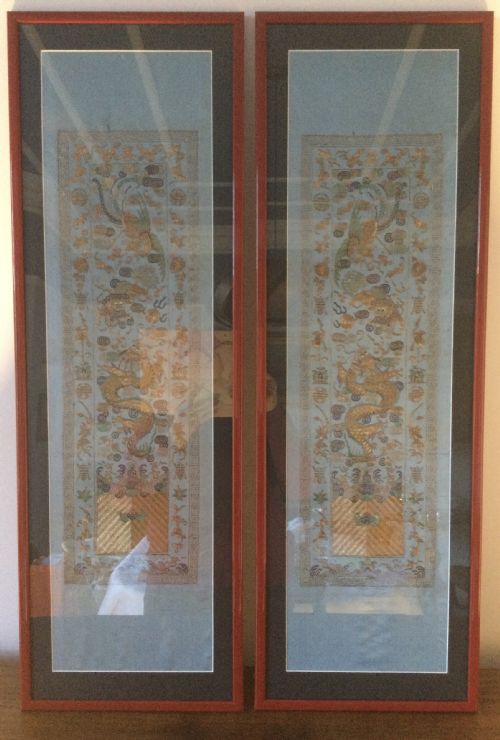 Antique Pair of Chinese Gold Thread on Silk Embroidered Panels
