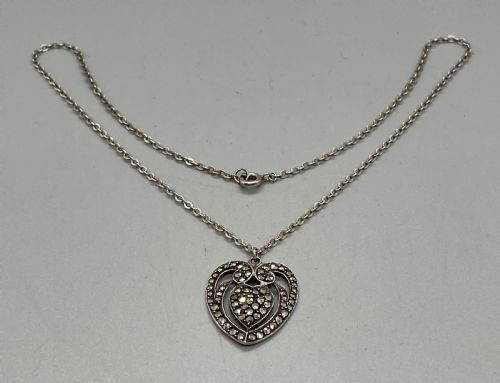 Deco Era Silver and Marcasite Heart Pendant C1930
