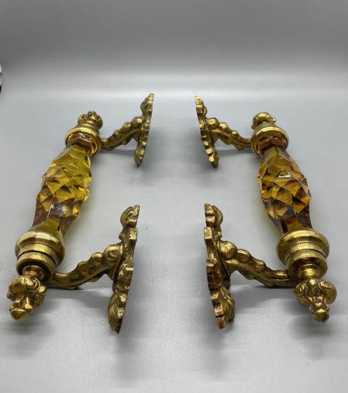 Late Victorian Pair of Ormolu and Amber Glass Door Handles C1880