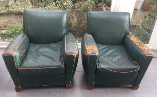 Pair French Deco Walnut and Leather Club Chairs C1930