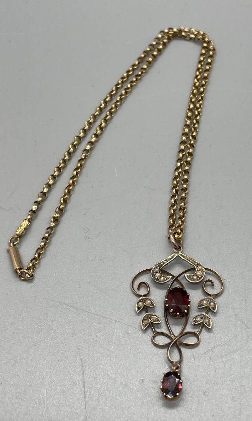 Edwardian 9ct Gold Garnet Seed Pearl Pendant on Chain C1900