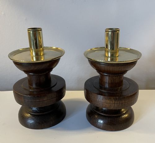 Pair Arts & Crafts Oak and Brass Candlesticks C1870