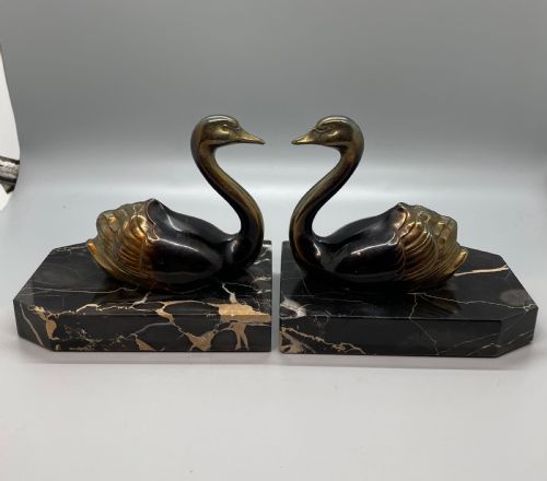 1930s French Swan Bookends Marble Bases
