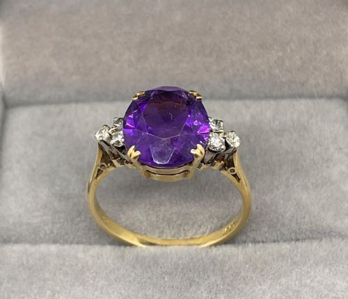 Vintage Amethyst Diamond 18ct Gold Cocktail Ring C1950