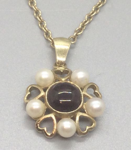 VINTAGE 9CT GOLD GARNET SEED PEARL PENDANT NECKLACE C1960 - ADDITIONAL PHOTO 2