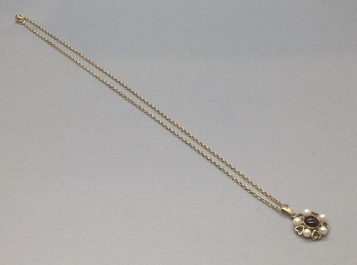 VINTAGE 9CT GOLD GARNET SEED PEARL PENDANT NECKLACE C1960 - ADDITIONAL PHOTO 3