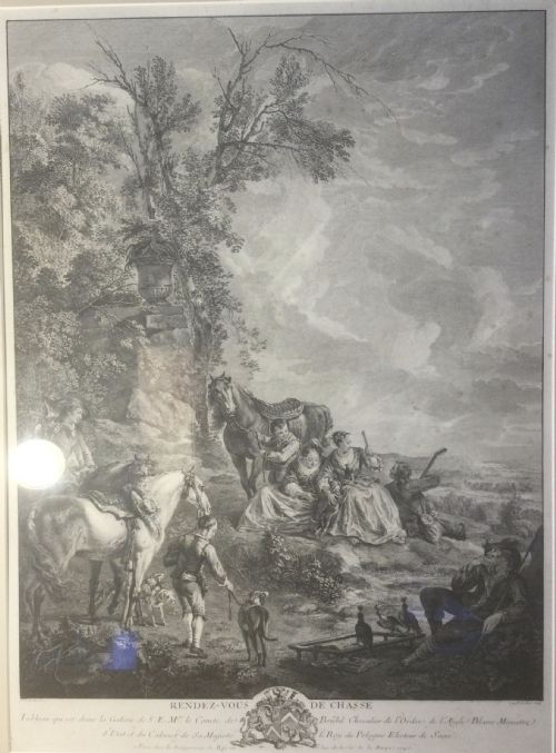 fig 1. An 18th-century French monochrome engraving depicting figures and horses in a rural landscape, housed within a burr wood frame.