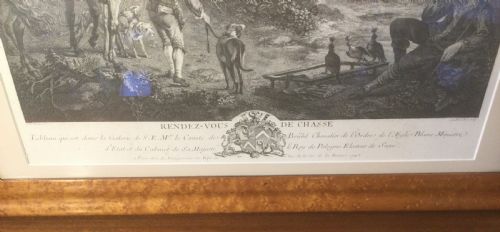 fig 2. An 18th-century French monochrome engraving depicting figures and horses in a rural landscape, housed within a burr wood frame.