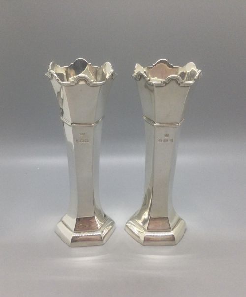 PAIR GEORGE V DECO SILVER VASES BIRMINGHAM 1931 - ADDITIONAL PHOTO 1