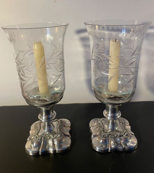 Quality Pair Silver Plate  Hurricane Candle Stands C1960