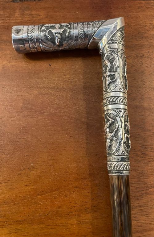 Interesting Asian Silver Bamboo Walking Stick Cane C1900