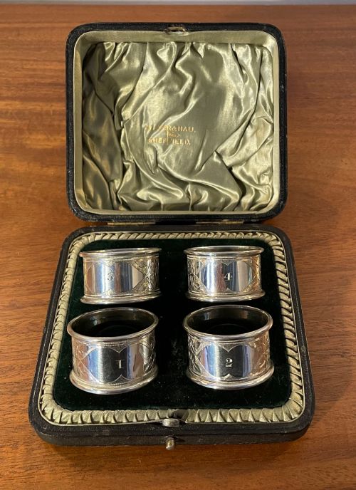 Edwardian Set 4 Silver Numbered Napkin Rings Sheffield 1904