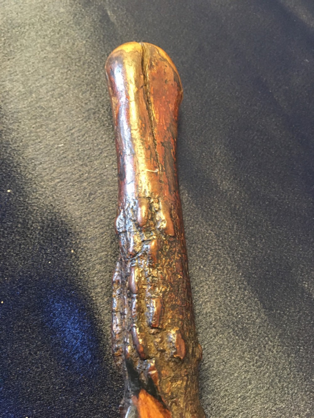 Mid 19thC Irish blackthorn walking stick, spiral carved View V