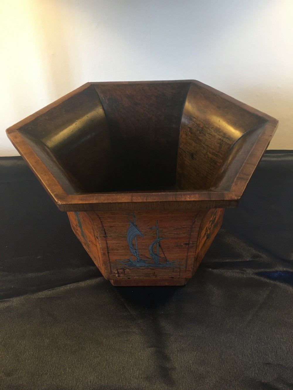C1900 Oriental hardwood hexagonal planter with inlaid scenes