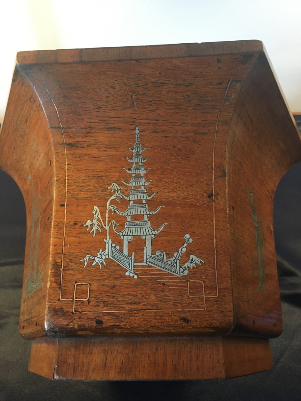 C1900 Oriental hardwood hexagonal planter with inlaid scenes View II